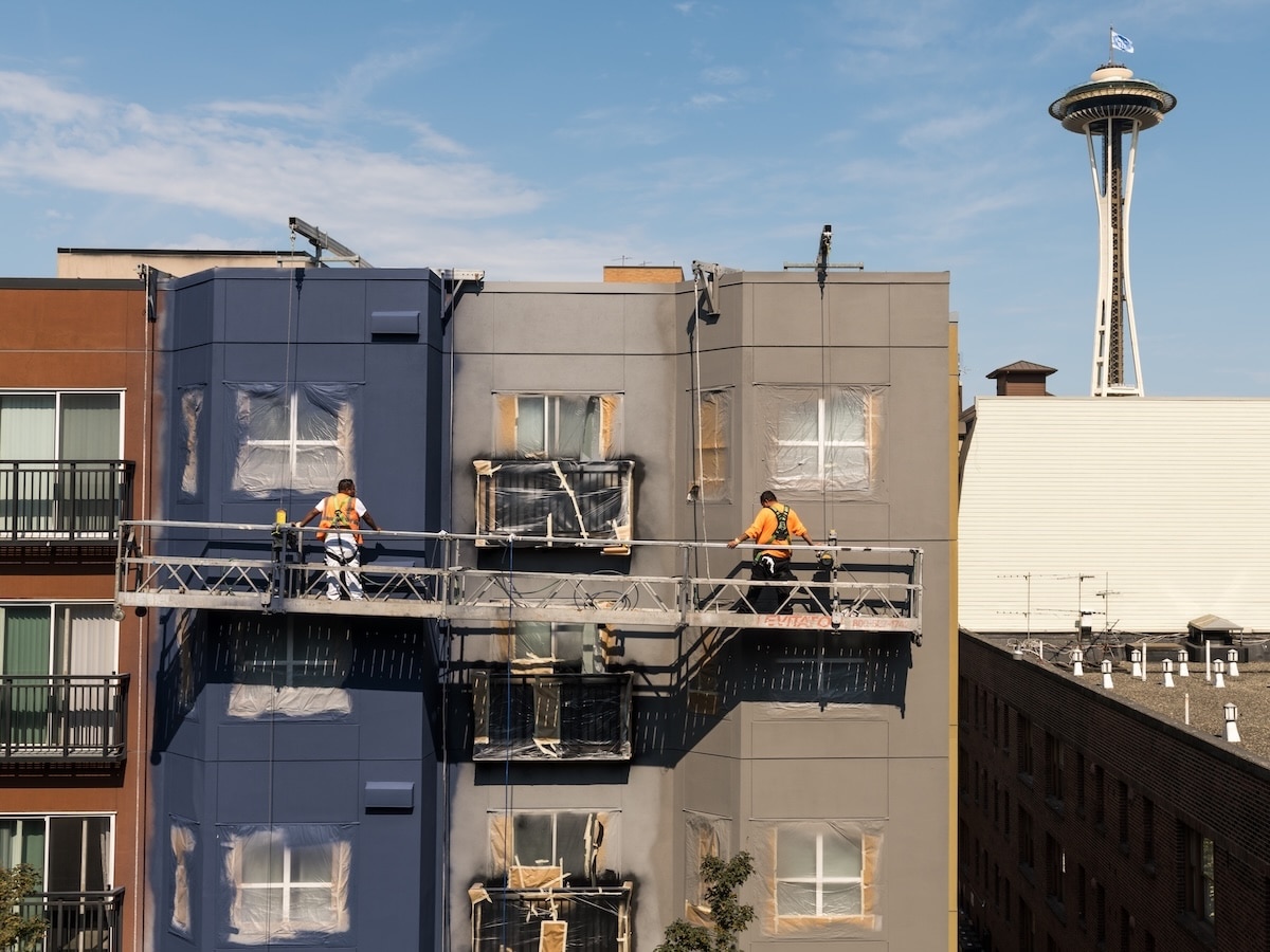 Commercial Painters Conduct Exterior Fall Painting From A Swing Stage - Downtown Seattle